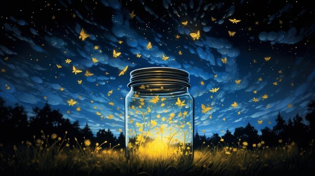 Enchanting night scene with fireflies glowing around a mason jar in a meadow