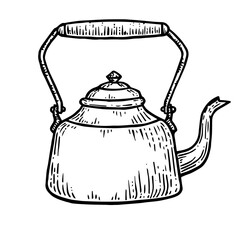 Old teapot kettle sketch engraving PNG illustration. Scratch board style imitation. Hand drawn image.
