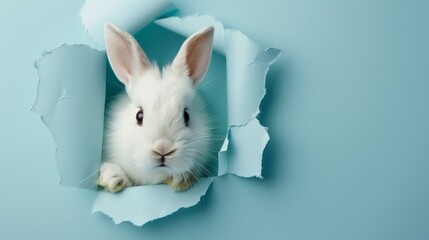 Cute baby rabbit peeping through blue paper hole.