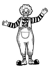 Circus clown funnyman performance sketch engraving PNG illustration. Scratch board style imitation. Black and white hand drawn image.