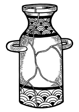 recommend clip art: Repaired Japan vase kintsugi art sketch engraving PNG illustration. Scratch board style imitation. Black and white hand drawn image.