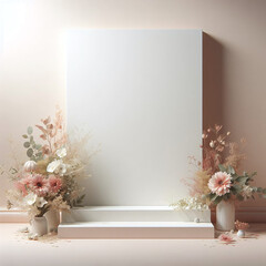 An elegant mockup featuring a blank canvas surrounded by pastel flowers and vases, offering ample copy space for creative designs or messages.