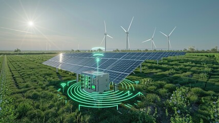 solar panel array or wind farm where P-IoT devices track performance and environmental conditions, ensuring optimal energy production