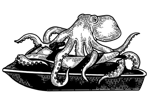 recommend clip art: Octopus on jetski water bike sketch engraving PNG illustration. Scratch board style imitation. Black and white hand drawn image.