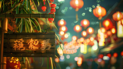 A bamboo sign with Spring Festival adornments and dragon hands holding it. against the backdrop of lantern-lit streets and glowing red envelopes on a vibrant Spring Festival night. 