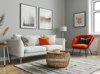 Photo of a modern living room with grey walls white furniture and colorful decorative elements