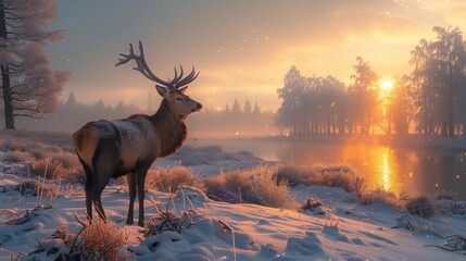 Solitary Stag in Snowy Forest, generative ai