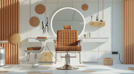 A barbers chair in brown against a white setting. a circle of floating hair around the stand