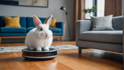 Cute rabbit, robot vacuum cleaner at home