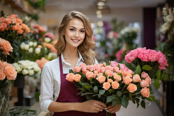 The girl is a florist, works in a flower shop.Smiling.