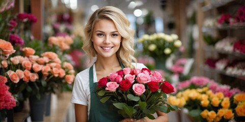 The girl is a florist, works in a flower shop.Smiling.