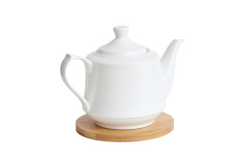White ceramic kettle on wooden stand on white background