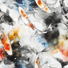Seamless pattern of watercolor painted Japanese koi fish