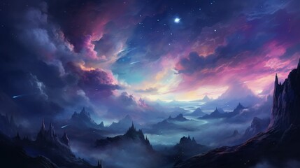 Stunning celestial landscape with swirling nebulas, vibrant colors, and majestic mountains