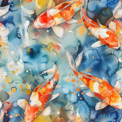 Seamless pattern of watercolor carp fish, Japanese style
