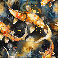 Seamless pattern of golden on black watercolor painted koi fish