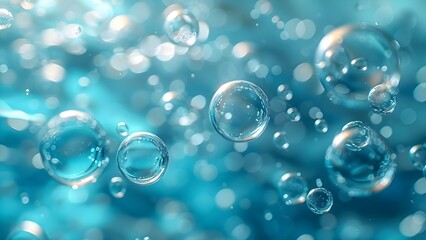 Blue water bubbles background featuring D collagen serum and hyaluronic acid. Concept Skincare Routine, Beauty Products, Blue Bubbles, D Collagen Serum, Hyaluronic Acid