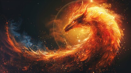 Majestic phoenix in radiant gold and orange flames on a dark digital art background