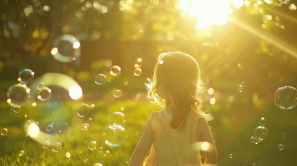 Little child playing with bubble in park with warm sunlight