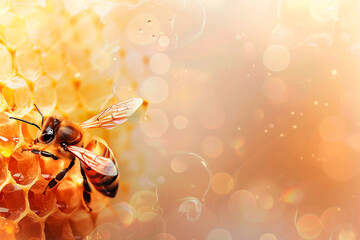 Close-up image of a bee sitting on a honeycomb, light golden background with bokeh, free space for text, peach shades