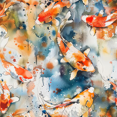 Seamless pattern of orange and white carp fish swimming in pond, Japanese style