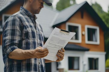 Naklejka premium Man reading real estate contract making decision on property purchase or investment. Concept Real Estate Decision, Property Investment, Real Estate Contract, Home Purchase, Financial Planning