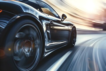 Fast-moving black sports car on road with motion blur effect. Concept Sports Car, Motion Blur, Black Vehicle, Speed, Road