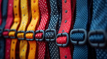 Fashionable suspenders in various colors and patterns neatly arranged on a dark background - obrazy, fototapety, plakaty