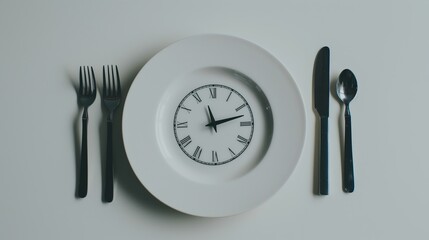 Naklejka premium A plate in the shape of a clock with hands and cutlery on the table. AI generation.