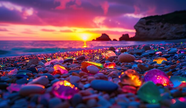 Colored sea glass with beach pebbles and shells in the mediterranean coast and in the background sea and waves with sunset and sky. AI generated illustration