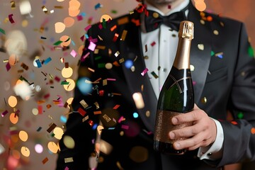 Man in tuxedo holding champagne bottle celebrating New Years Eve with confetti. Concept Event Photography, New Years Eve, Celebration, Formal Attire, Lifestyle Portrait