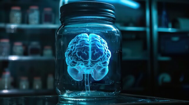 Illustration of illuminated brain in glass jar