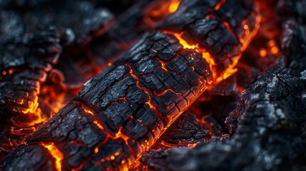 Captivating close-up of a glowing campfire log with vibrant flames and textured charcoal
