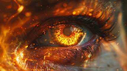 Intense close-up of a fiery tear falling from a human eye, evoking strong emotion and drama