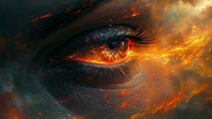 Intense close-up of a fiery tear falling from a human eye, evoking strong emotion and drama - obrazy, fototapety, plakaty
