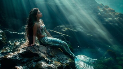 Beautiful mermaid rest sitting on rock at bottom of ocean