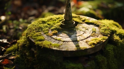 Close-up of an antique sundial covered in vibrant green moss in a forest setting - obrazy, fototapety, plakaty