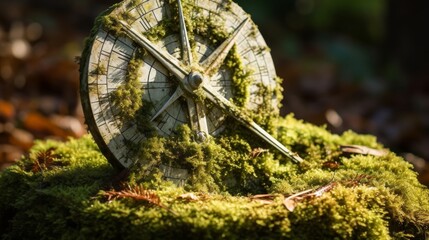 Close-up of an antique sundial covered in vibrant green moss in a forest setting - obrazy, fototapety, plakaty