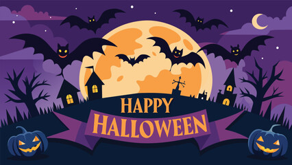 Join us for a thrilling Halloween night celebration where bats are welcomed to a party amidst pumpkins, under the bewitching light of the full moon. Halloween banner illustration.
