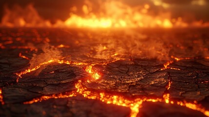 Dramatic close-up of cracked earth with glowing lava-like fissures