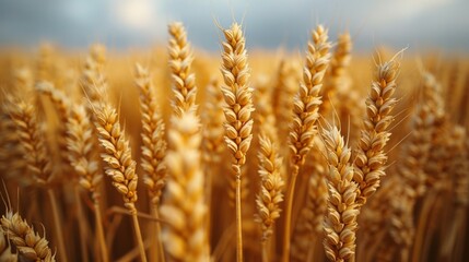 Vibrant close-up shot of ripe wheat ears in a field with a blurred background