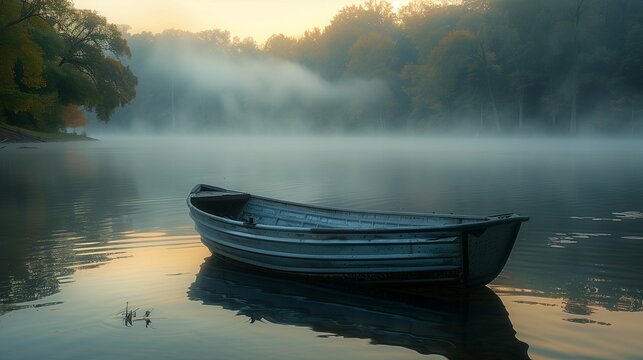 Silent Morning: Serene Lake Scene with Fishing Boat, generative ai