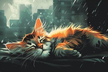Dreamy Cat Napping Peacefully Amidst Stylized Rain Shower. - 797001902