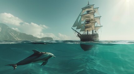 Sailing boat above and dolphin beneath underwater in sea.