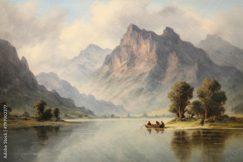 Wall mural Lake painting landscape mountain.