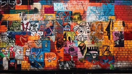Vivid graffiti on a brick wall depicting an artistic face amidst colorful tags and messages