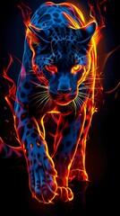 A leopard is running through the flames. A magical creature made of fire. - 797002777