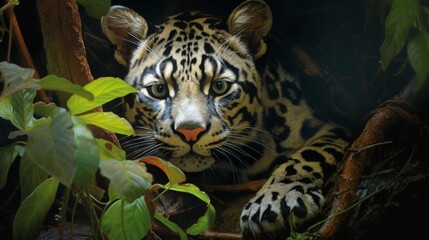 Intriguing clouded leopard lurking in a dark, leafy jungle setting
