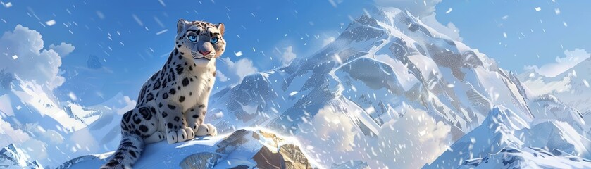 High in the mountains, a 3D cartoon snow leopard operates a luxury ski resort, gracefully managing the slopes while ensuring the safety and fun of all her snowy patrons