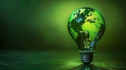 Green World Map On The Light Bulb With Green Background, Renewable Energy Environmental Protection, Renewable, Sustainable Energy Sources. Environmental Friendly. Renewable Energy